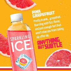 Sparkling Ice bottle close-up label displaying pink grapefruit name and vitamin info, clear ingredient visibility