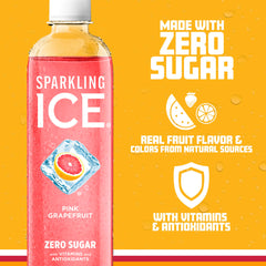 Sparkling Ice poured into a glass with ice showing lively bubbles and refreshing grapefruit color