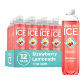 Sparkling Ice front pack showing 12 bottles and bold strawberry lemonade branding