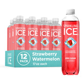 Sparkling Ice front packaging showing strawberry watermelon flavor and zero sugar benefit