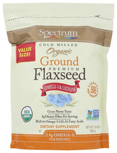Spectrum organic ground flaxseed front packaging showing label and benefits