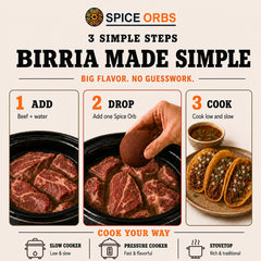Plated birria tacos and quesabirria made with Spice Orbs showing crispy, juicy filling