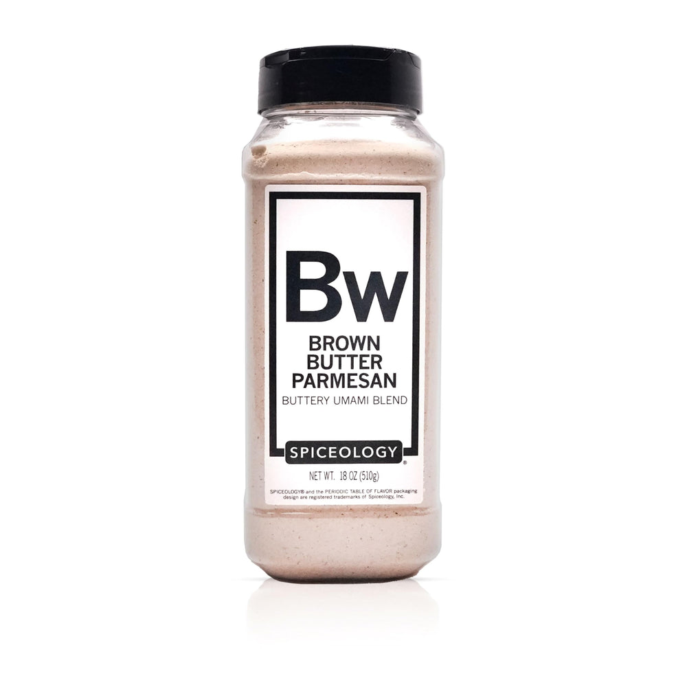 Spiceology jar front label showing brown butter parmesan seasoning, highlights convenience