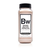 Spiceology jar front label showing brown butter parmesan seasoning, highlights convenience