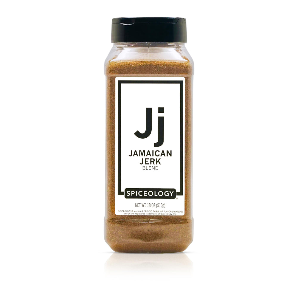 Spiceology jar front label showing 18 oz size and Caribbean branding for clear purchase benefit