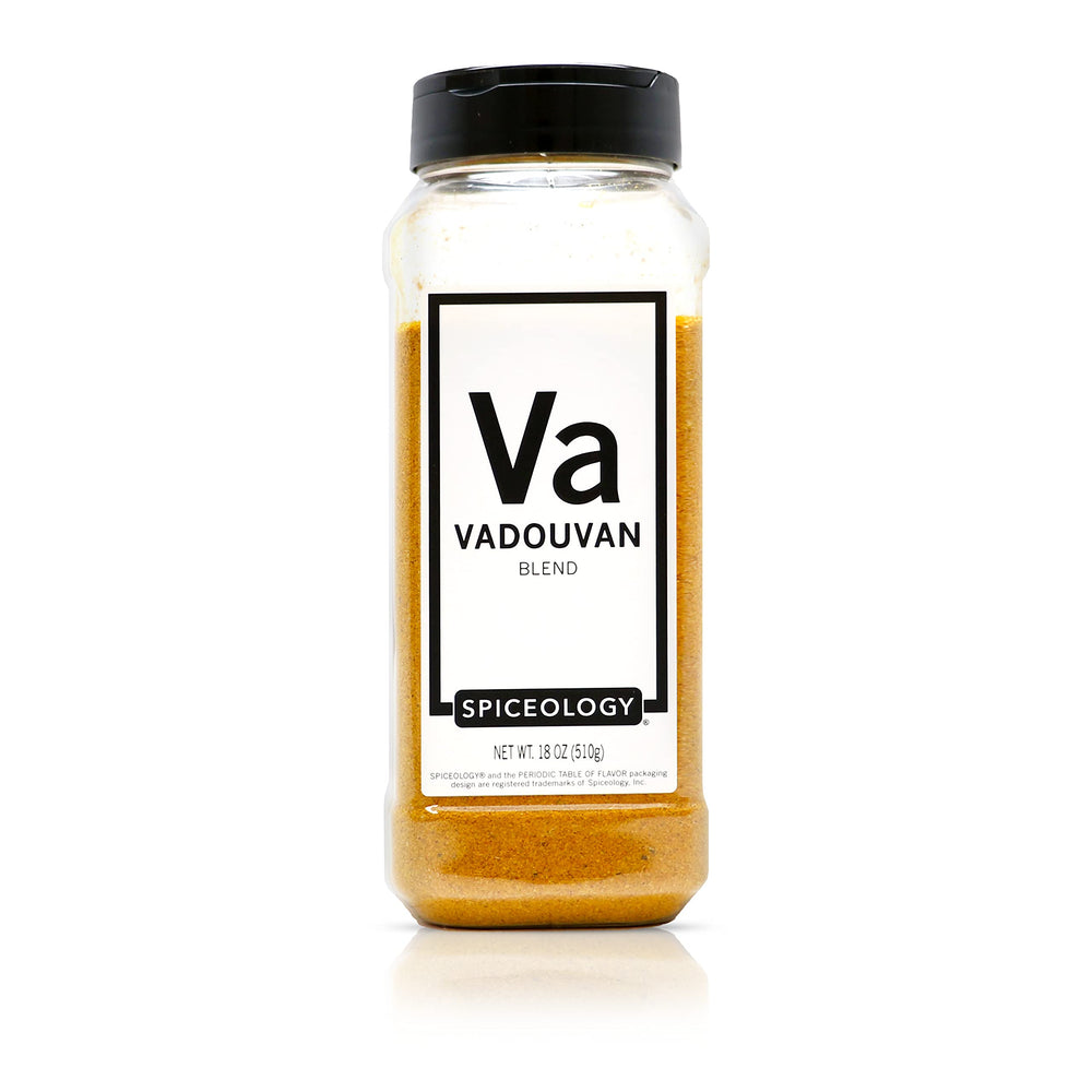 Spiceology vadouvan front label showing jar and wheat-free claim, highlights versatile use