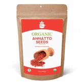 SPICY ORGANIC front packaging of annatto seeds shows organic label and 16 oz size benefit