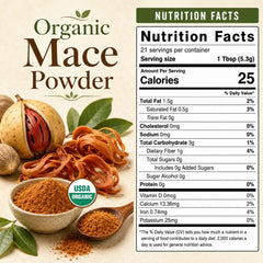 SPICY ORGANIC close-up of fine mace granules highlighting smooth texture and aroma