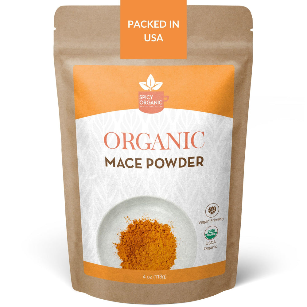 SPICY ORGANIC front pouch showing organic mace and branding for pantry convenience