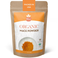 SPICY ORGANIC front pouch showing organic mace and branding for pantry convenience