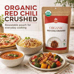 SPICY ORGANIC spoonful of flakes ready to add bright heat to recipes