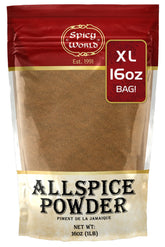 Spicy World front label of 16 oz allspice showing brand and size, clear value benefit