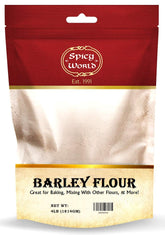 Spicy World front packaging showing 4 lb barley flour, clear ingredient trust.