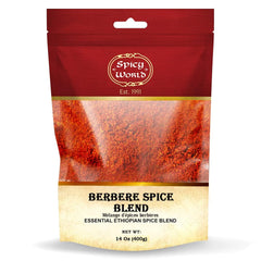 Spicy World front packaging showing 14 oz berbere blend and authentic branding benefit