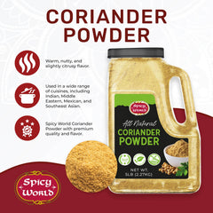 Close-up texture of Spicy World coriander powder highlighting fine grind and aroma