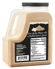 Spicy World jar open to reveal coarse granulated garlic ready for scooping, quick use