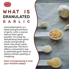 Dry scoop measuring Spicy World granulated garlic from jar, portion control benefit