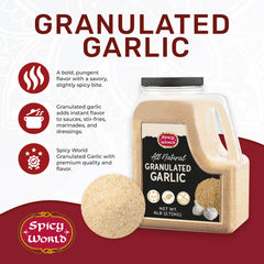 Close-up of Spicy World granulated garlic granules, visible texture for rubs and blends