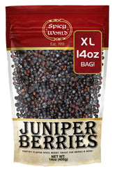 Spicy World front packaging showing 14 oz bag and pure juniper berries for pantry use