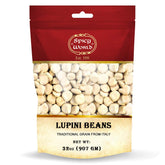 Spicy World 2-pound resealable bag of large dry lupini beans showing brand and bulk packaging benefit of long-term storage