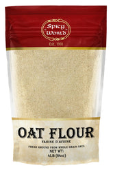 Spicy World front packaging of 4 lb oat flour showing brand and product benefit