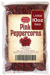 Spicy World front bag of pink peppercorns showing packaging and 10 oz size benefit