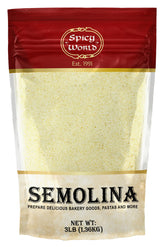 Spicy World front packaging showing 3 lb semolina, ensures consistent baking results
