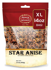 Spicy World front packaging showing 14 oz resealable star anise bag and clear label benefit