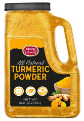 Spicy World jar front view showing 5 lb turmeric and clear labeling for pantry use