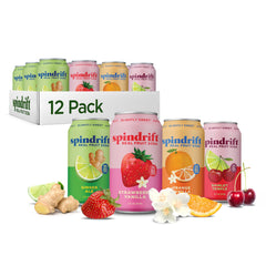 Spindrift 12-pack front view showing variety and clean ingredients benefits