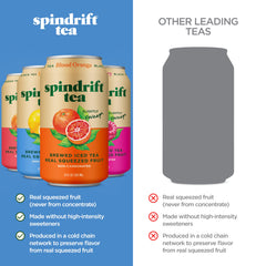Spindrift close-up of squeezed fruit with brewed tea, brand highlights natural ingredients