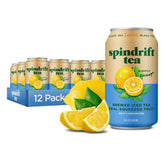 Spindrift can front view showing lemon black tea and real-fruit benefit