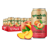 Spindrift Peach Green Tea front can showing branding and real fruit benefit