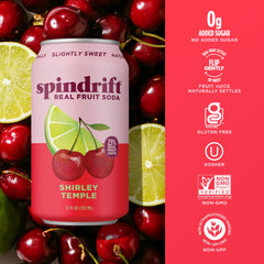 Spindrift Shirley Temple fresh cherries and lemon halves, brand emphasis on real fruit