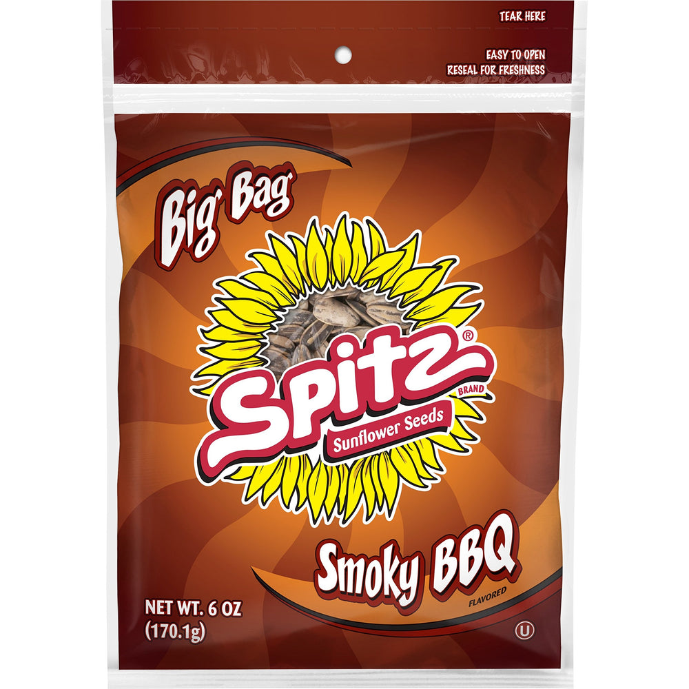 Spitz front packaging showing pack of 6 ounce BBQ sunflower seeds and convenience