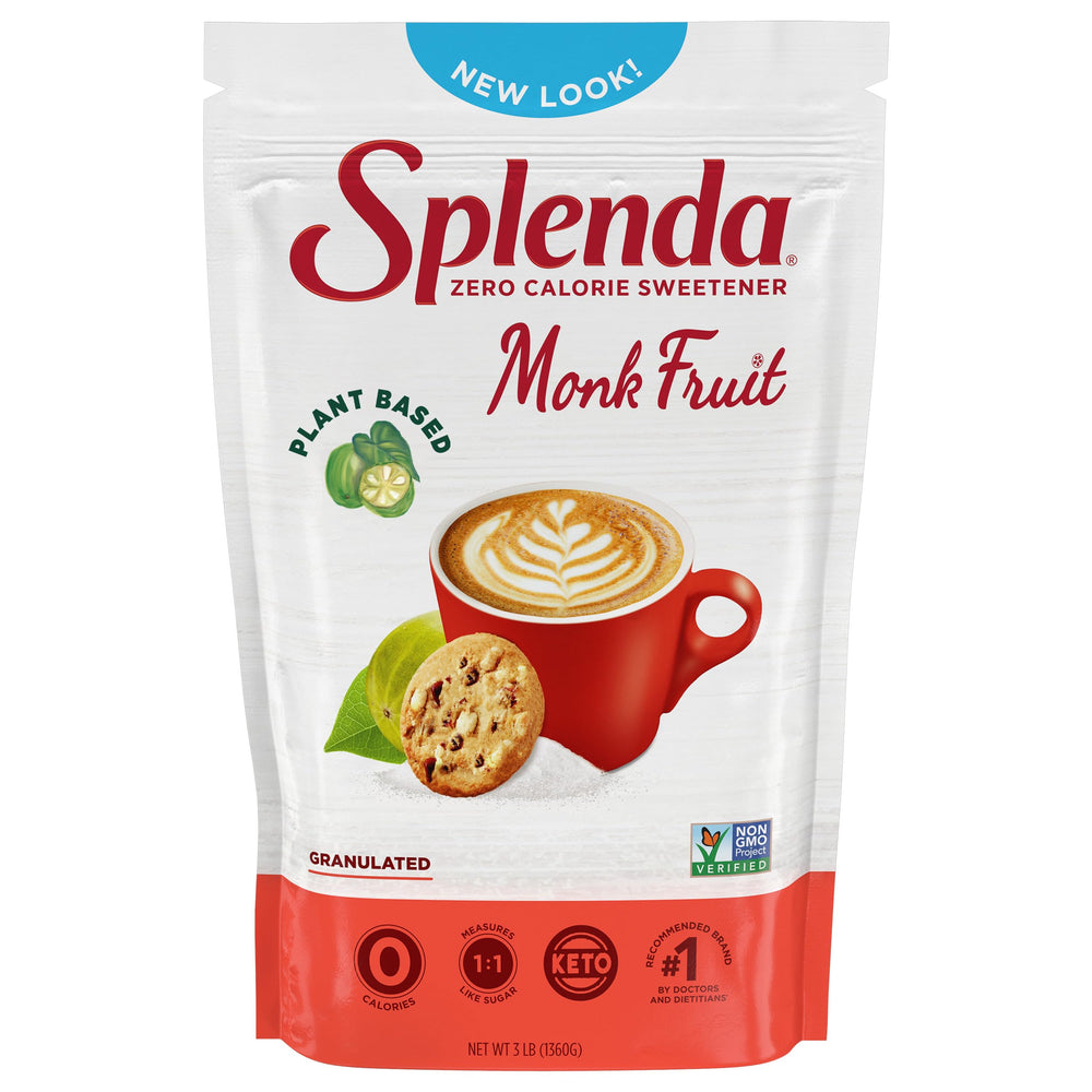 SPLENDA front packaging showing 3 lb resealable bag and usage benefit