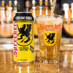 Sprecher close-up label on can highlighting fire-brewed details and quality