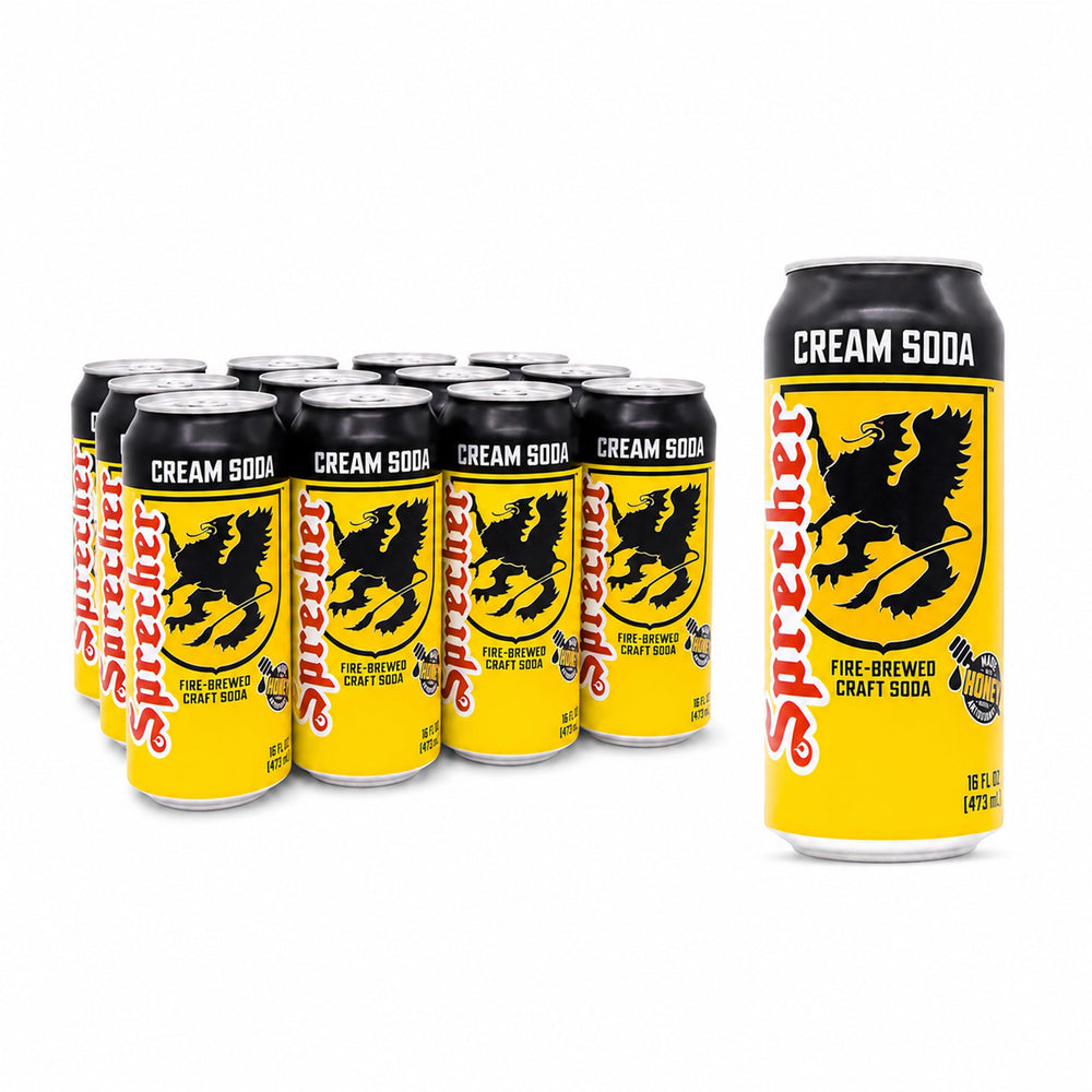 Sprecher front packaging showing 12-pack cans and premium branding as convenience