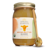 Spring Sunrise front jar of brown ghee showing packaging and organic label benefit