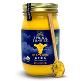 Spring Sunrise ghee jar front view showing organic label and shelf stability benefit
