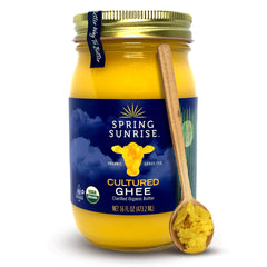 Spring Sunrise ghee jar front view showing organic label and shelf stability benefit