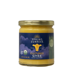 Spring Sunrise ghee front jar showcasing organic label and glass jar benefit