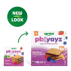 Toddler hand holding a Sprout PB & Yayz bar illustrating portable snack convenience for families on the go