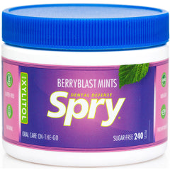 Spry open tub exposing berry blast mints for convenient on-the-go freshness