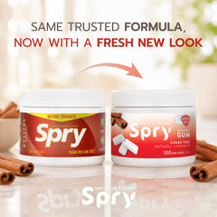 Spry cinnamon open tin with visible xylitol gum pieces for easy access benefit