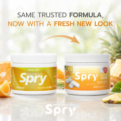 Spry screw-top tub open revealing white gum pieces and convenient portable storage benefit