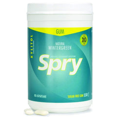 Spry jar front view showing wintergreen label and screw-top for easy storage
