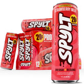Spylt can front view showing strawberry milkshake flavor and easy grab convenience