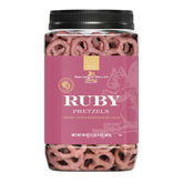 Squirrel Brand jar front view showing ruby pretzel twists and resealable lid for freshness