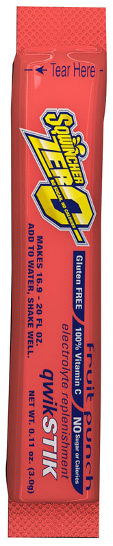 Sqwincher front packaging showing 50 fruit punch powder pouches, fast hydration on site
